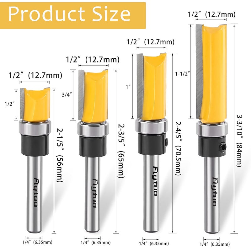 Flytuo 4PCS Pattern Flush Trim Router Bit Set 1/4" Shank, Professional Carbide Top Bearing Flush Trim Bit Kit with Length in 1/2", 3/4", 1", 1-1/2", Straight Cut Woodworking Tool(Cutting Dia: 1/2") - Image 2